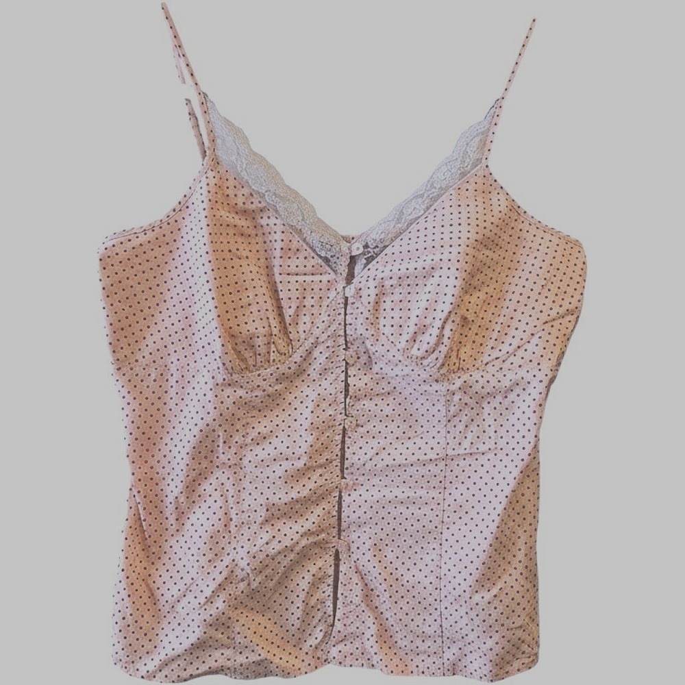 Y2K Pink Polka Babydoll Y2K Coquette Dot Lace Trim Cami Tank L